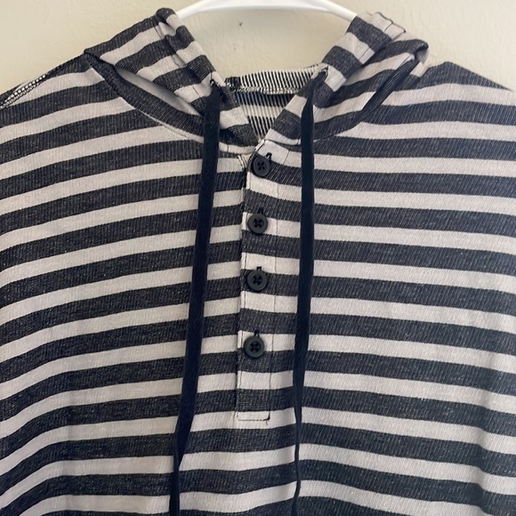 Women's American Rag Lightweight Quarter Button Grey Striped Hoodie - Picture 3 of 5